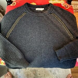 Tory Burch Charcoal Sweater L Brass Chain/Black Leather Detail. 100% Wool.
